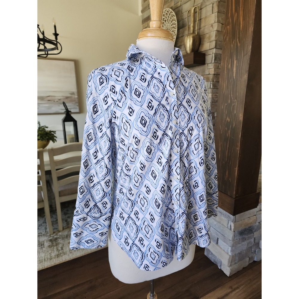Chicos No Iron Chic Stretch Button Down Shirt Blue Geometric Ikat Womens 0.5‎ S